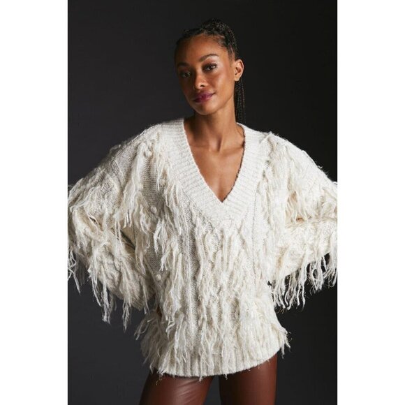 NEW BY ANTHROPOLOGIE FRINGED PULLOVER SWEATER IVORY METALLIC SEQUIN SZ LARGE - Picture 1 of 13